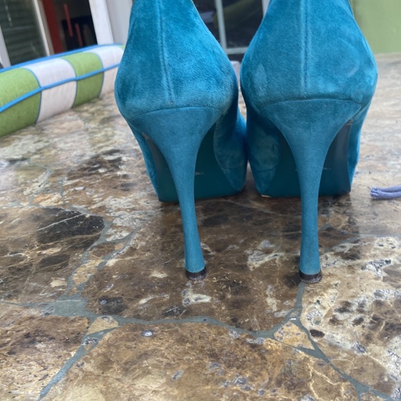 YSL Paris Teal Suede Peep Toe Platform Stilettos Sz 40 USA 9-9,5 - Picture 3 of 10